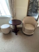 A set of Sancal Spain table, chair and stool, the occasional mahogany table on tri form base an