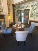 Oak top circular dining table 90 x 69cm complete with 4 x chairs upholstered in linen-look fabric,