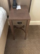A pair of nightstands with a single drawer, The drawer features a textured, woven, front panel and a