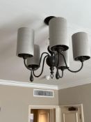 A five arm metal veto style chandelier with shades 50 x 50cm ( Location 207 John Chater Suite)