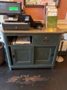 Buffet verdigris, wooden cabinet with stone top  The front of the cabinet has two drawers with