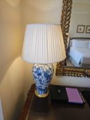 A Blue and White Ceramic with Chinoiserie Motif, Pleated Shade, 78cm Tall A decorative ceramic table