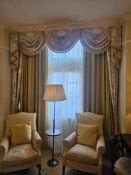 A set of Drapes Window Dressing – Green Silk Drapes with Show Curtain, Swag and Jabots, Regency