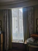 A set of Drapes Window Dressing – Green Silk Drapes with Show Curtain, Swag and Jabots, Regency