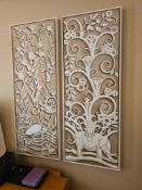 2 x Framed Prints – Elephant and Heron in Stylized Foliage (Art Deco Relief Study) A decorative