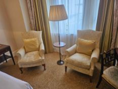 A pair of Armchairs – Edwardian Style High-Back Chairs in Cream gold Damask with Rolled Arms,