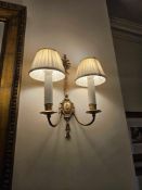 A pair of antique brass twin arm wall appliques with shades ( Loc 454)