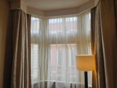 A set of Drapes Window Dressing – Gold Silk Drapes with Show Curtain, A formal window treatment