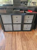 Modular Cube Storage Unit Espresso brown finish low-profile, modular cube shelving unit arranged