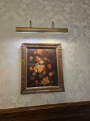 Giclée print depicting a richly detailed floral arrangement with cascading blooms, grapes,