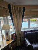 6 x show drape window panel Single window curtain in textured gold and blue fabric, pleated at the
