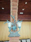 13 x Decorative twin-arm wall light with frosted glass petal shades and sculptural verdigris