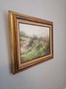 Charlotte Baynes (British, b.1973), oil on canvas landscape depicting dense grasses, wildflowers,
