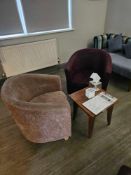 A pair of modern upholstered tub chair with a rounded back and curved arms textured fabric in