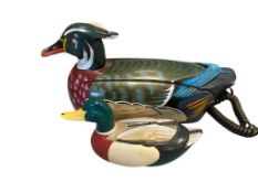 VINTAGE TELEMANIA WOODEN WOOD DUCK FIGURAL PHONE AND CERAMIC MALLARD COIN BANK