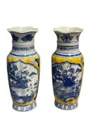 PAIR OF VINTAGE ASIAN CHINOISERIE SCALLOPED TOPBLUE AND YELLOW CERAMIC TABLE VASES