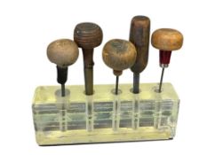 FIVE ANTIQUE WOOD HANDLED ENGRAVING AWLS INCLUDING ONE MARKED 