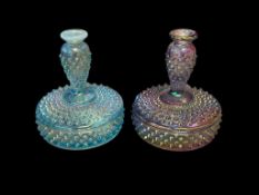 TWO FENTON OPALESCENT HOBNAIL GLASS PERFUME BOTTLES MISSING TOPPERS