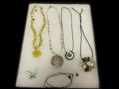SIX PIECES OF OCEAN THEMED AND ART GLASS JEWELRY INCLUDING PEARL NECKLACE, BAROUQUE PEARLS, AND M...