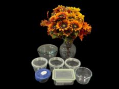 ASSORTED KITCHEN GLASSWARE PYREX AND IKEA BAKING AND STORAGE DISHES AS WELL AS A FAUX FLOWER BOUQ...