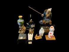 ASSORTED ASIAN COLLECTIBLES INCLUDING CERAMIC MUD MEN, CLOISONNE VASE, CORK ART, AND MORE