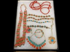 ASSORTED LADIES FASHION FAUX TURQUOISE AND CORAL JEWELRY WITH GOLD TONE DESIGNS