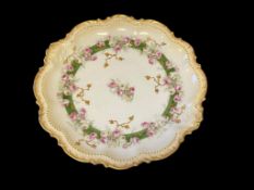 CORONET LIMOGES FRANCE HAND PAINTED GILDED PLATE WITH PINK ROSE PATTERN