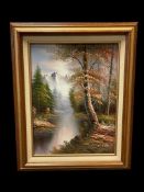 ORIGINAL OIL ON CANVAS LANDSCAPE PAINTING OF RIVER MOUNTAIN SCENE SIGNED BY ARTIST MICHAEL SCOTT