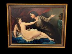 ANTIQUE 1909 AMERICAN ORIGINAL OIL ON CANVAS PAINTING OF NUDE WOMAN AND MAN SIGNED R.L.H.