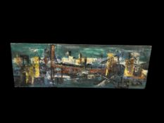 UNIQUE MID-CENTURY ABSTRACT ORIGINAL OIL ON BOARD PAINTING OF BROOKLYN BRIDGE AND NEW YORK SKYLINE