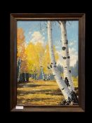 RENOWN LISTED NEVADA ARTIST GEORGE CARTER ORIGINAL OIL ON CANVAS PAINTING OF BIRCH TREES IN A MEA...