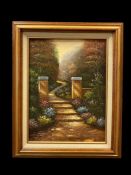 ORIGINAL OIL ON CANVAS PAINTING OF STEOS THROUGH A BEAUTIFUL GARDEN AND LUSH FOLIAGE