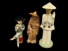 THREE VINTAGE COLLECTRIBLE ASIAN FIGURINES INCLUDES CLOTH DOLL, RESIN MAN, AND HEDI SCHOOP MAN