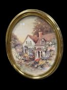 HOME DECOR FAUX BRASS FRAME COTTAGE AMONGST LUSH FOLIAGE PRINT
