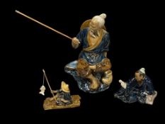 THREE JAPANESE MUDMEN HANDMADE FIGURINES OF MAN READING LITERATURE AND FISHERMAN