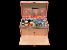 VINTAGE VINYL WRAPPED SEWING TRAVEL BOX WITH MANY SPOOLS OF THREAD, TRIM, NEEDLES, ETC.