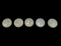 FIVE 1921 U.S. MORGAN SILVER DOLLARS WITH VARIOUS MINT MARKS