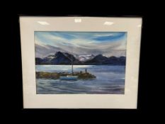 JAMES LAWRENCE NEVADA ARTIST ORIGINAL WATERCOLOR ON PAPER OF LAKE TAHOE SCENE OF TWO FISHERMAN