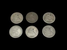 SIX U.S. SEATED LIBERTY SILVER HALF DOLLARS FROM 1853 - 1858 WITH VARIOUS MINT MARKS