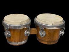 VINTAGE WOODEN BONGOS WITH BRIGHT SILVER RINGS AND HARDWARE