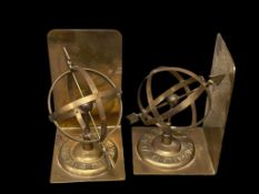 PAIR OF SOLID BRASS ARMILLARY ATLAS GLOBE BOOKENDS