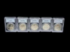 FIVE COLLECTIBLE PCGS GRADED 90% SILVER COMMEMORATIVE ISSUE SILVER DOLLARS