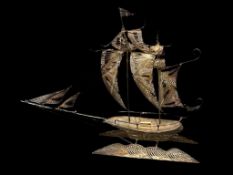 VINTAGE STERLING SILVER FILIGREE WIRE SAILING 3-MAST SHIP, ON WAVE SHAPED BASE, STAMPED