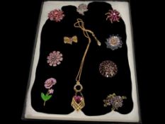 BEJEWLED AND ENAMELED WOMANS FASHION JEWELRY INCLUDING BROOCHES, ONE SIGNED MONET