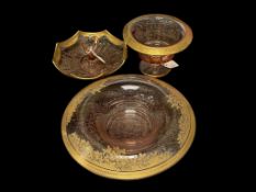 1920'S-1930'S PINK DEPRESSION GLASS WITH GILT ETCHED DESIGN EDGE