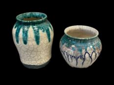SIGNED STUDIO POTTERY P. NONOS WHITE CRACKLE RAKU BOWL AND VASE