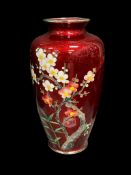 VINTAGE JAPANESE PIGEON BLOOD RED ENAMELED VASE