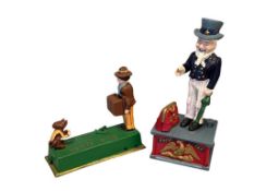 TWO VINTAGE CAST IRON MECHANICAL COIN BANKS, MONEY AND UNCLE SAM BANKS