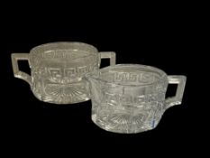 VINTAGE HEISEY AMERICAN GLASS CO GREEK KEY CREAMER AND SUGAR BOWL CIRCA 1920'S-1930'S