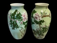 ANTIQUE JAPANESE MEIJI PORCELAIN VASES WITH CELADON GLAZE AND CHERRY BLOSSOMS